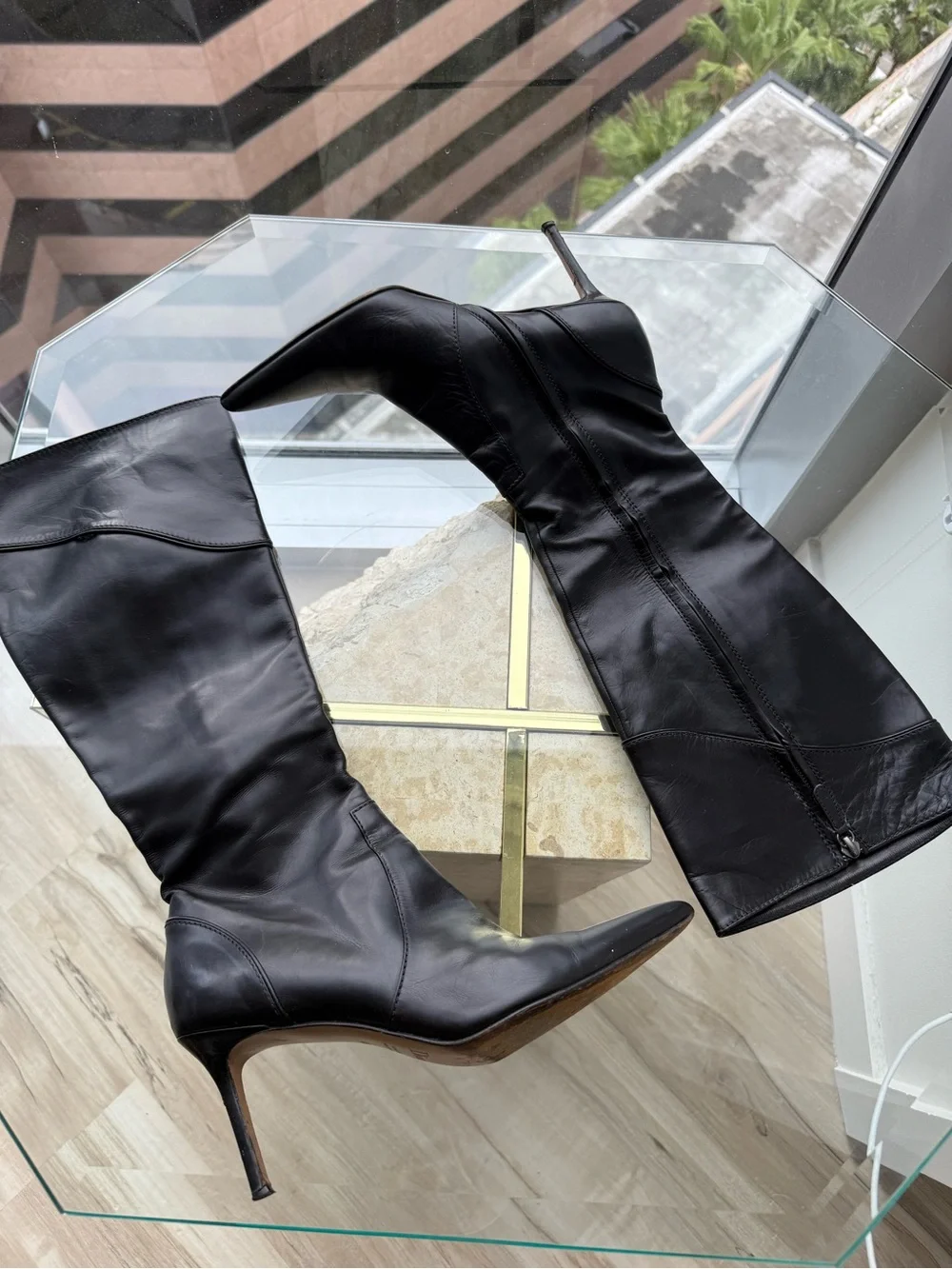 Vintage Christian Dior black leather knee-high stiletto boots Y2K US 8.5